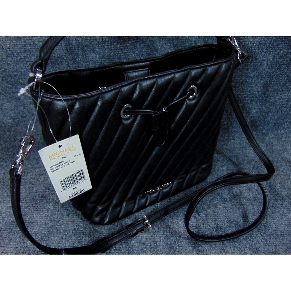 Michael Kors‎ Suri Bucket Bag Black Quilted Vegan Leather Drawstring Crossbody